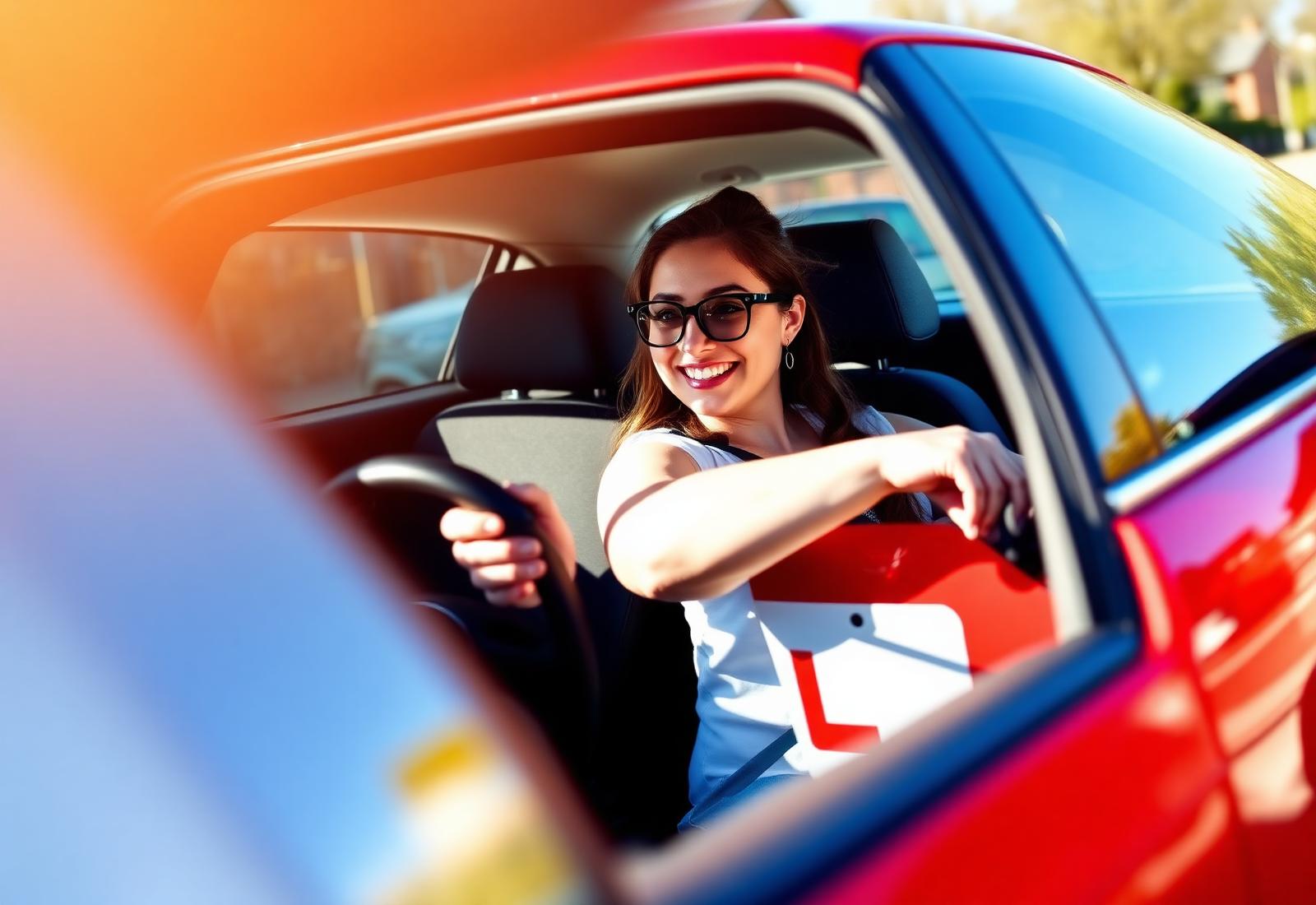 Learner driver smiling behind the wheel